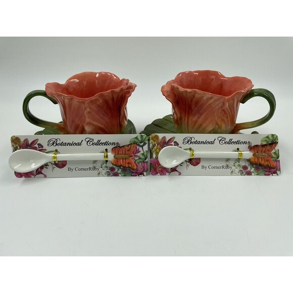 2 PC CORNER RUBY BOTANICAL COLLECTION ROSE TEA CUP  W/ BUTTERFLY SPOON SET N06 - Picture 1 of 7